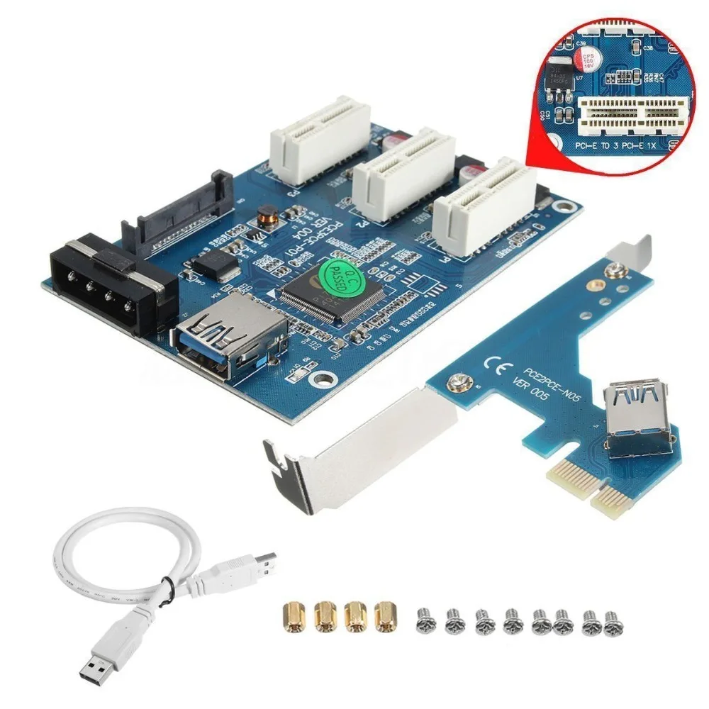 

PCI-e Express 1X to 3 Port 1X Switch Multiplier HUB Riser Card With USB Cable Mainboard Transmission Signal Attenuation
