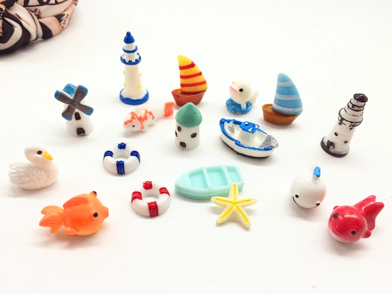 

Flat back 3d resin Micro landscape decoration Beach style boat fish life buoy Waterscape decorative fish tank mix 20pcs