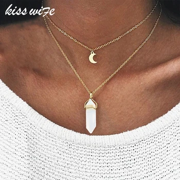 KISSWIFE Fashion Bohemia 1 PCS Natural Stone Moon Choker Gold Color Crystal Pendant Necklace For Women