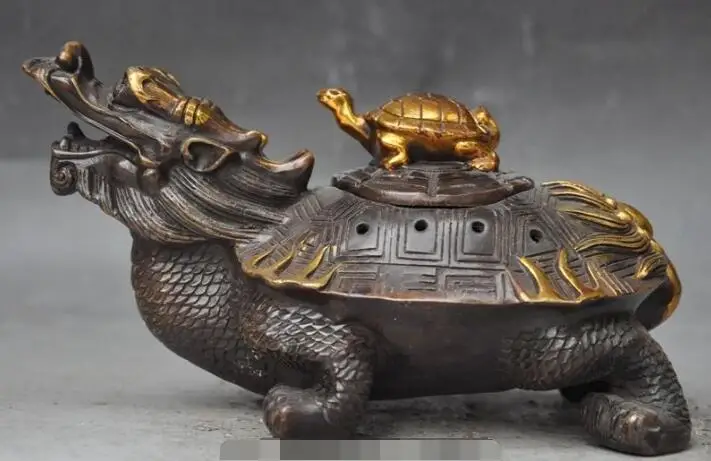 

S05729 9"china bronze gilt fengshui Dragon Turtle Tortoise statue incense burner Censer