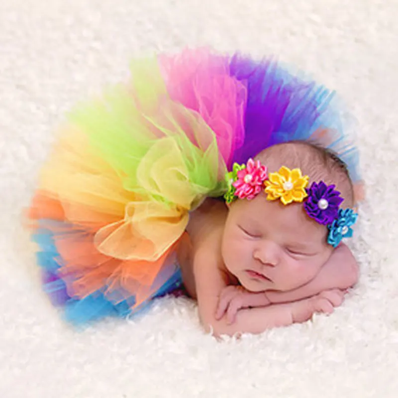 Горячие Детские головной убор цветок+ пачка Юбка цветов радуги 2 шт. для новорожденных Обувь для девочек Опора Экипировка 0-4 месяца