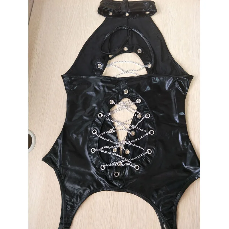 Leather Catsuit Women Black Sexy Halter Hollow Out with Chains Jumpsuit Exotic Apparel Nightwear Open Crotch Vinyl Catsuit