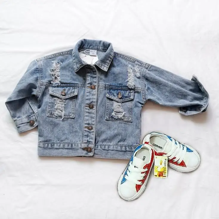 

2019 New Arrival Girls Boys Denim Coat Holes Autumn Full Sleeve Fashion Kids Jacket 1-7 Years PV698