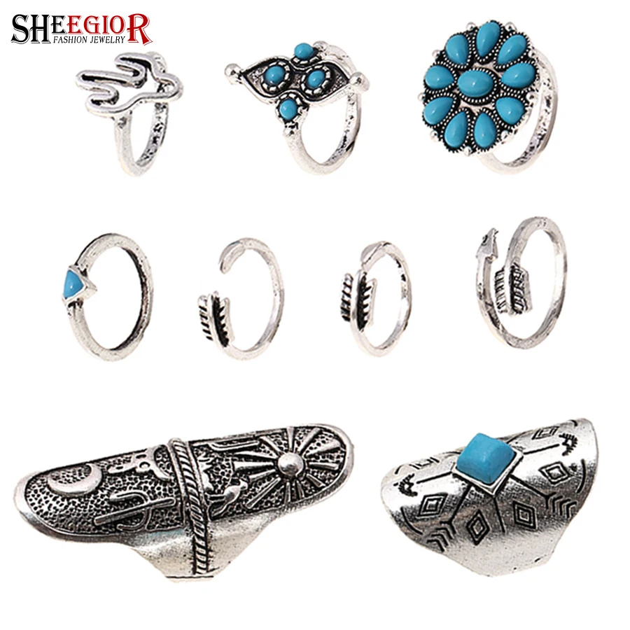 

SHEEGIOR Vintage Ethnic Ring Set Men Fashion Jewelry Boho Retro Silver Turquoises Flower Arrow Rings for Women Bague Femme Gifts