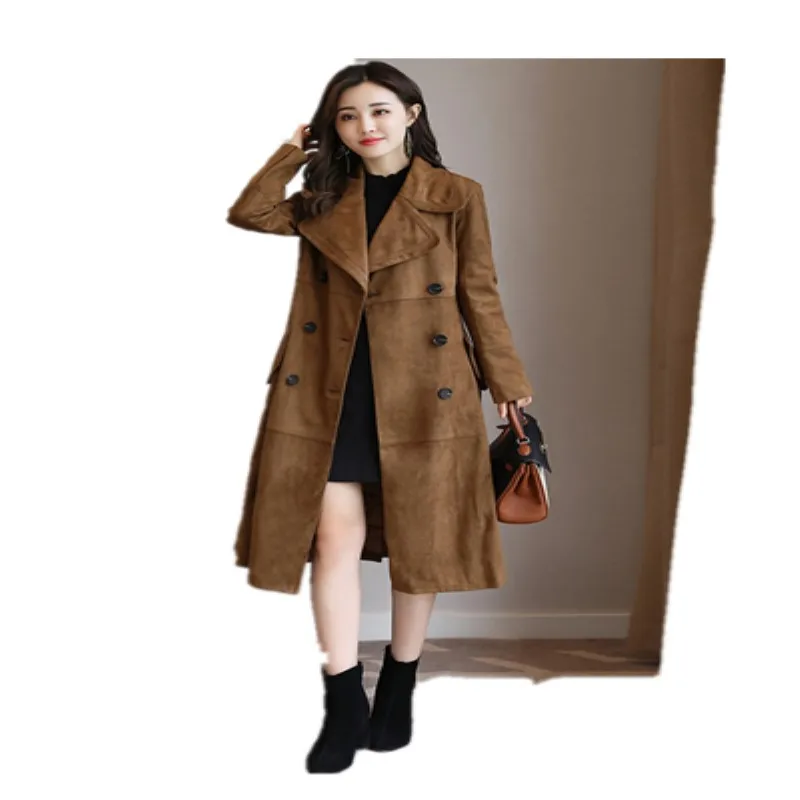 Peau Et Longue Couleur Doux Femme Tranchée À Daim Élégant Printemps Breasted Automne Manches De Longues Pure Double Velours Marron dRBqTvxnxf