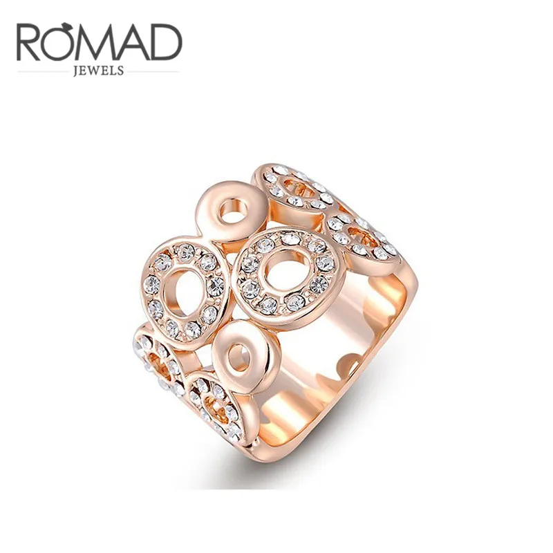 

ROXI ROMAD Brand Rose Gold Color Finger Ring For Women Wide Genuine Austrian Crystal Hollow Ring Luxury Fashion Jewelry Bijoux