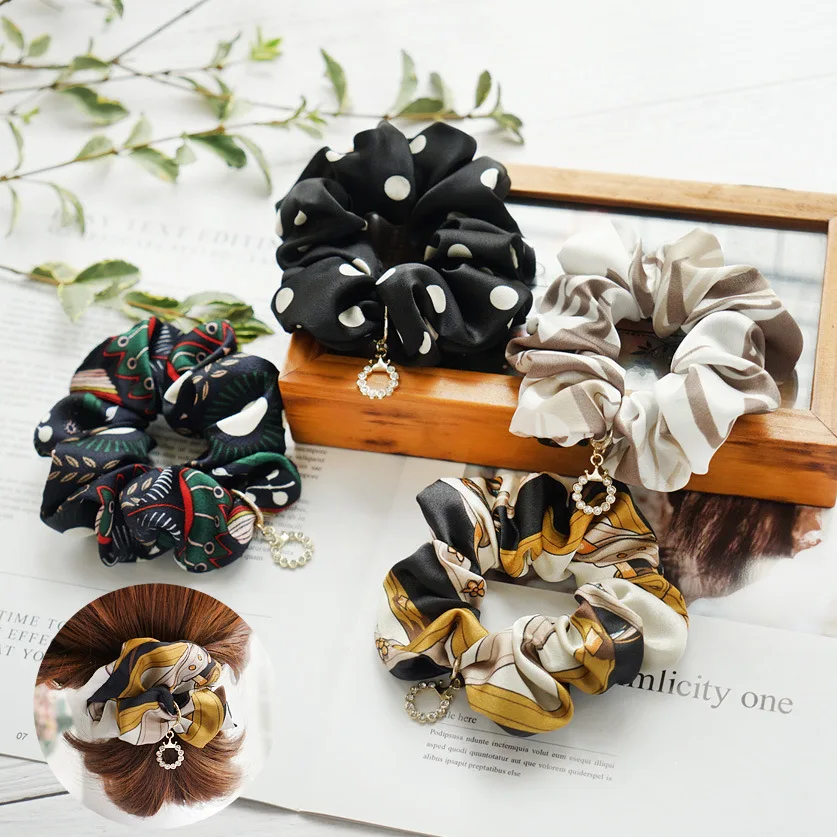 

Korea Silk Rhinestones Print Elastic Hair Bands Elegant Hair Accessories For Girls Rubber Band Gum For Hair Tie For Women