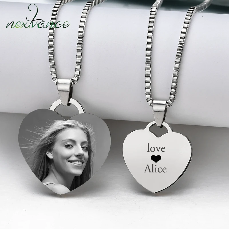 

Nextvance Customized Necklaces Engrave Photo Name Necklace Stainless Steel Heart Pendant Chain Necklace Jewelry For Women ID Tag