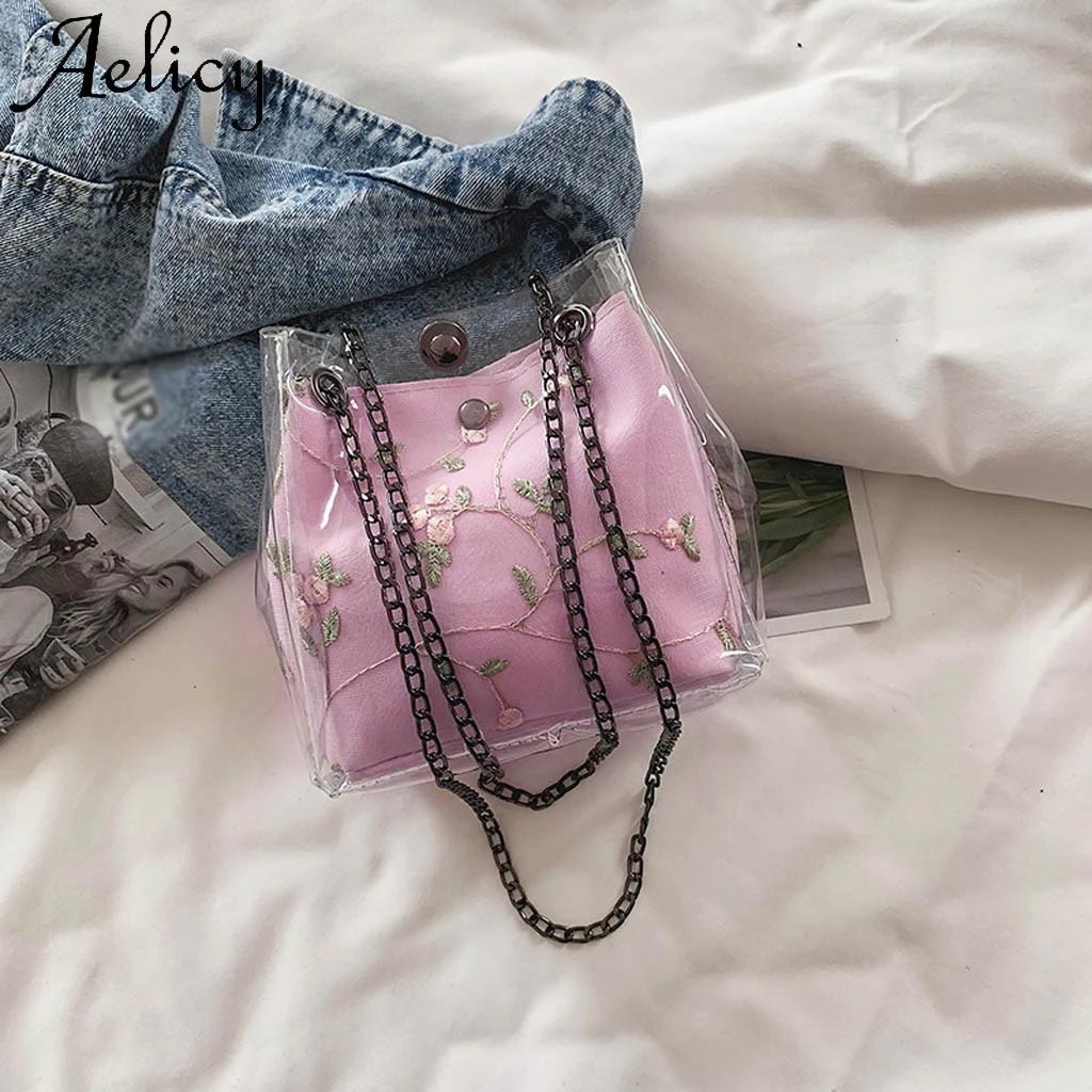 Aelicy Women Small Transparent Bucket Bags Chain Bag Totes Compound Female Mini Bag High Quality Solid Bag Totes Phone Pocket
