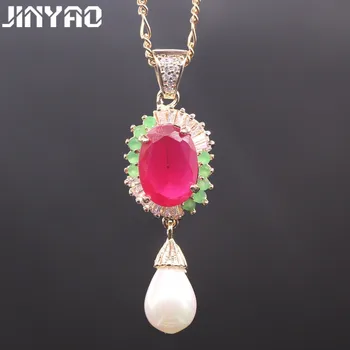 

JINYAO Luxury Party Jewelry Gold Color Red Green Zircon Pearl AAA CZ Pendant Necklace Earrings For Women