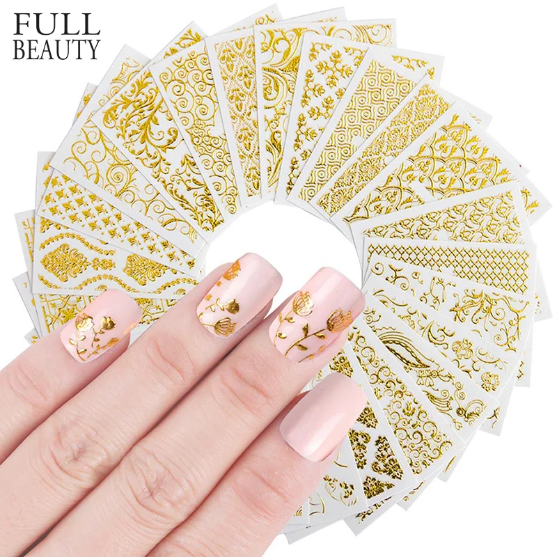 

Full Beauty 20pcs Shinny 3D Sticker Nails Art Gold Glitter Adhesive Flower Vine for Manicure Tips Mix Nail Decals CHAD301-326