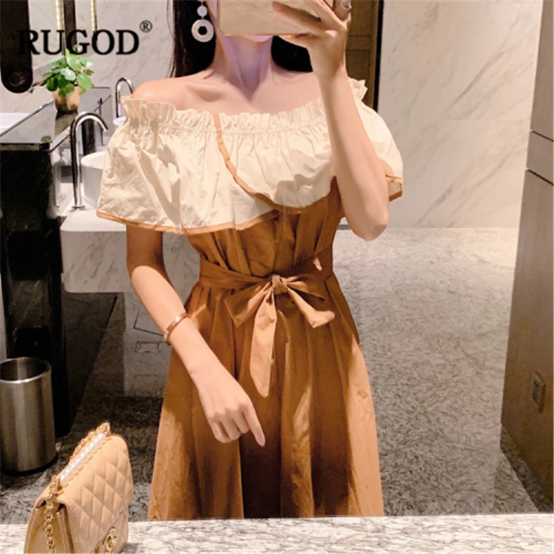 

RUGOD 2019 New Arrival Women Dress Slash Neck Contrast Color Ruffles Vestidos Temperament Sweet Vintage Modis Mujer Dress