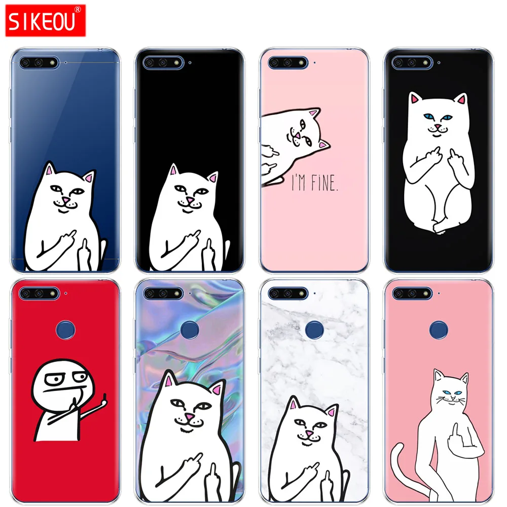 

Silicone Cover Phone Case For Huawei Honor 7A PRO 7C Y5 Y6 Y7 Y9 2017 2018 Prime middle finger cat printing protective coque