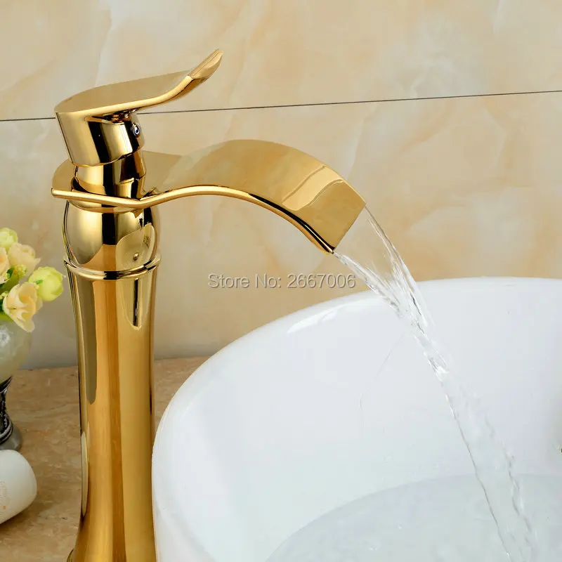 Free shipping Best Sale Design Wide Spout Brass tap Golden Waterfall