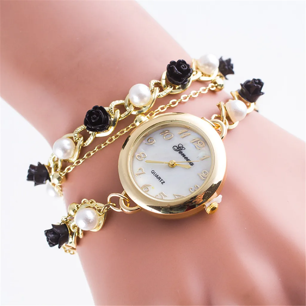 

New relogios Dress Watch Hour Women Bracelet Watch Montre Watch Faux Pearl Flower Chain Bracelet Quartz Wrist Watches relogio #A