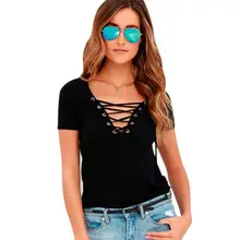 T Shirt Women 2016 Fashion Spring Summer short-Sleeve V Neck Bandage Shirts Casual Hoodie Sexy Women T Shirt short Feminina