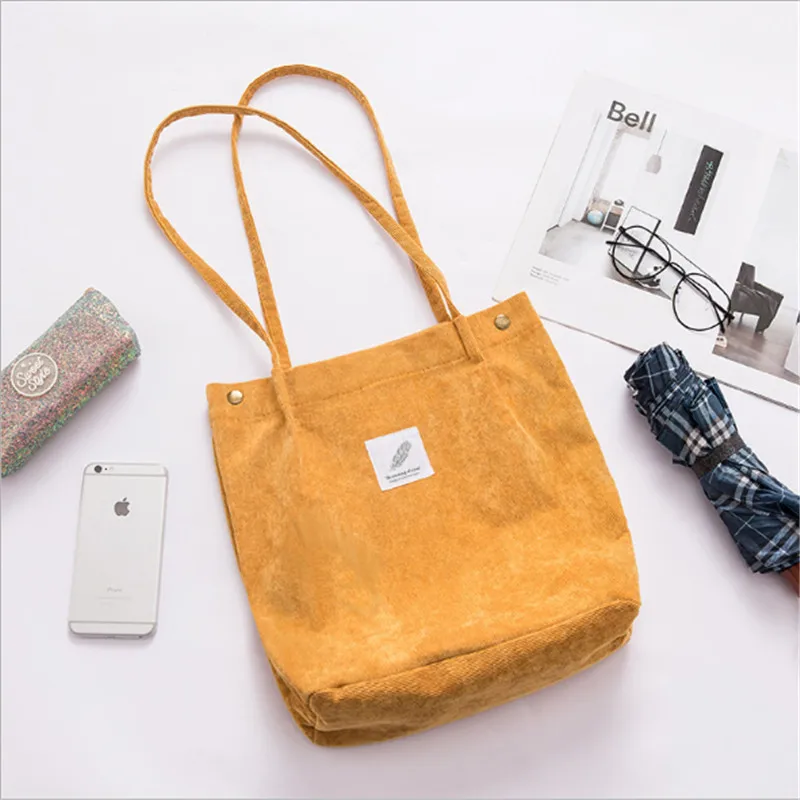 Женские модные повседневные школьные сумки для покупок, вельветовые, с магнитной кнопкой, на плечо, холщовые сумки-тоут, один размер для девочек - Color: Yellow