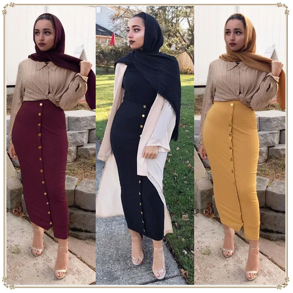 Женская мусульманская юбка с пуговицами Soild Abaya Дубай Турция турецкая исламская