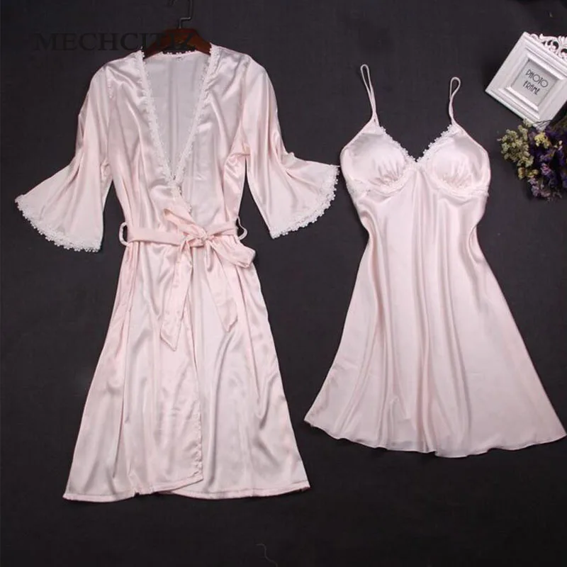 

MECHCITIZ 2018 Spring Silk Women Robe Satin Nightgown Sexy Robe Set Women Nightdress Bathrobe Splicing Nightwear Home Dress
