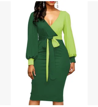 Женское платье, новинка, длинный рукав-фонарик, облегающее, элегантное, офисное, платье карандаш, весна, длина до колена, пэтчворк, платья для вечеринок Vestidos - Цвет: Армейский зеленый