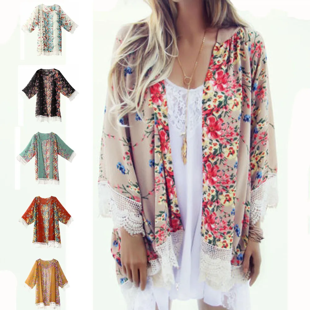 

Plus Size fashion woman blouses 2018 Vintage Floral Loose Shawl Kimono Cardigan Boho Chiffon Coat Blouse Beach Bikini Clothes