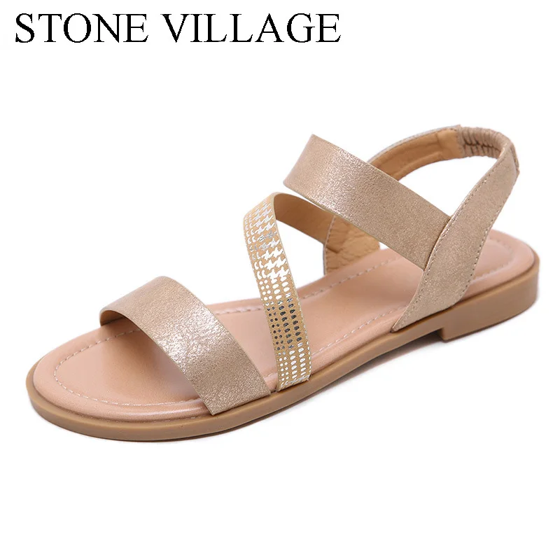 

STONE VILLAGE Gladiator Women Sandals Summer Shoes Fashion Beach Sandalias High Quality Outside Peep Toe Low Heels Flats Black
