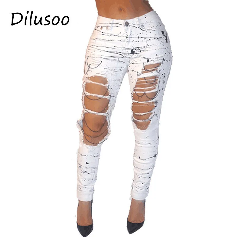 Dilusoo женские джинсы с большими дырками, рваные джинсовые брюки-карандаш, женские уличные эластичные брюки с цепочкой, 4 сезона