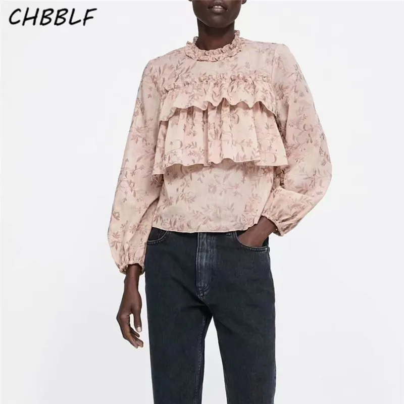 

CHBBLF women sweet ruffled print blouse embroidery shirts long sleeve female cute stylish fashion tops blusas mujer BGB9115