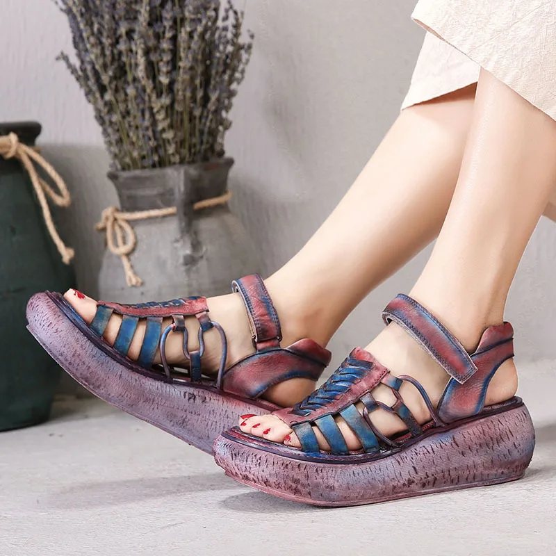 

Women Wedge Sandals Leather 5 CM High Heels Summer Shoes Girls RainBow 2019 Retro Handmade Genuine Leather Women Sandals Brand
