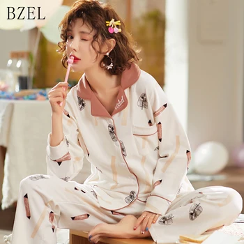 

BZEL Autumn Winter Warm Pajamas Set Women Turn-down Collar Pajamas Sleepwear For Women Long Sleeve Nightwear Long Pant Underwear