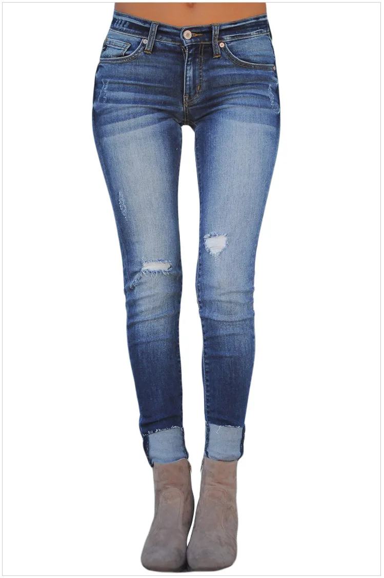 2019 сезон: весна-лето Винтаж для женщин тертые обтягивающие рваные джинсы теплые низкая талия манжеты мотобрюки корейский Тонкий