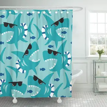 

Fabric Shower Curtain with Hooks Blue Cute Shark Pattern Colorful Graphic Cartoon Fish Sea Comic Boy Sunglasses