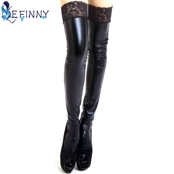

Sexy Lace Stay-Up Women Lady Wet Look Faux Leather Thigh High Stockings 3 Color Stylish
