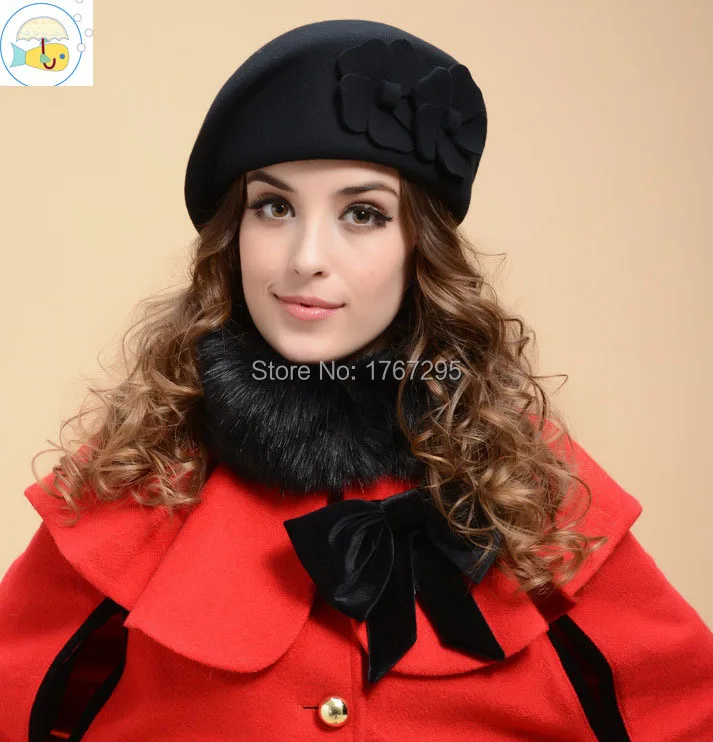 wool beret winter berets women 100% Wool winter felt beret Floral Women Felt French Beret Beanie fedora hat Beanie Winter Pillbox Flower.jpg
