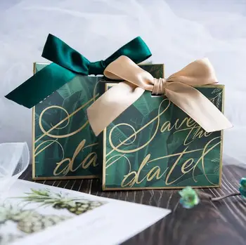 

20Pcs Dark Green Save the date Wedding Favors Candy Boxes Party Return Gift Box Giveaways Boxes Candy Bag Bomboniera + Ribbons