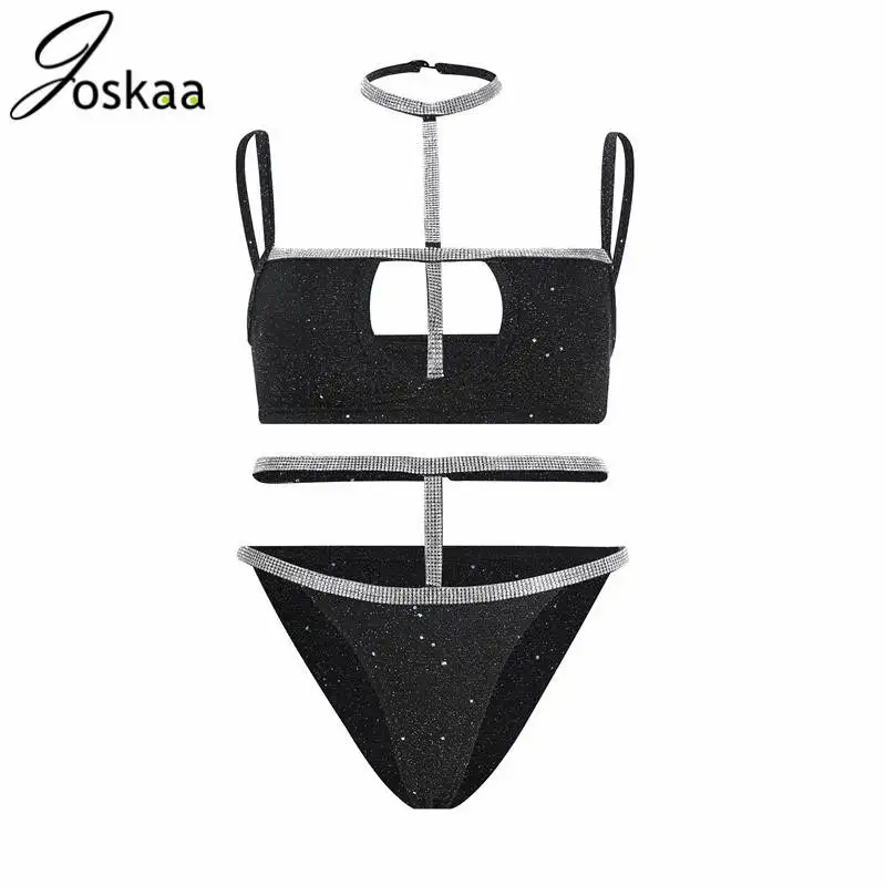 

Rhinestone Hollow Out Halter Neck Sleeveless Short Two Piece Set Women Sexy Club