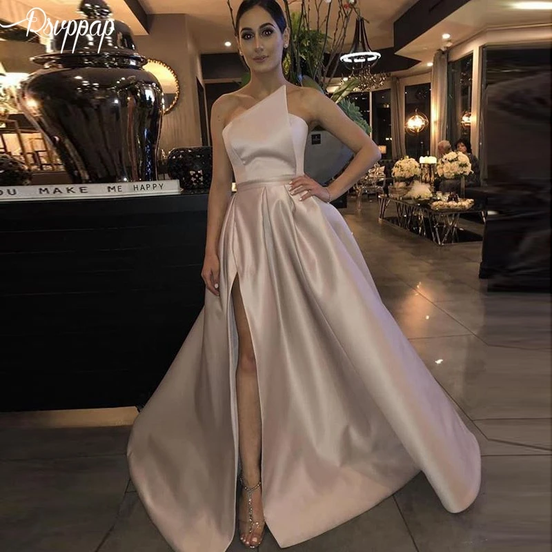 

Long Evening Dresses 2019 Simple Elegant High Slit Lebanon Sleeveless Arabic Style Champagne Women Formal Evening Gowns