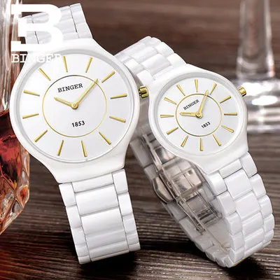 Оригинальные роскошные швейцарские брендовые керамические часы Бингер для мужчин и женщин, парные кварцевые часы, тонкие Стильные Настольные водонепроницаемые часы - Цвет: 03