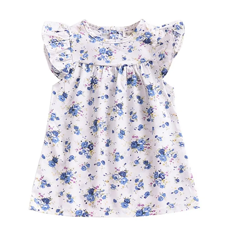 

Toddler Girl Summer Playwear Ruffles Dress Blue Flower Casual Tutu Princess Dresses Children Short Sleeve Print Beach Sundress