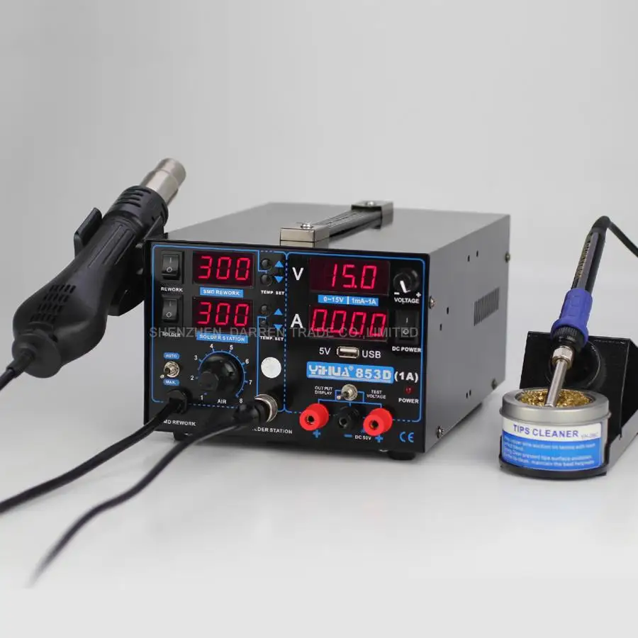 

110V/220V YIHUA 853D 1A Repair Soldering Station Hot Air Gun Solde Iron Soldering Station With English Manual