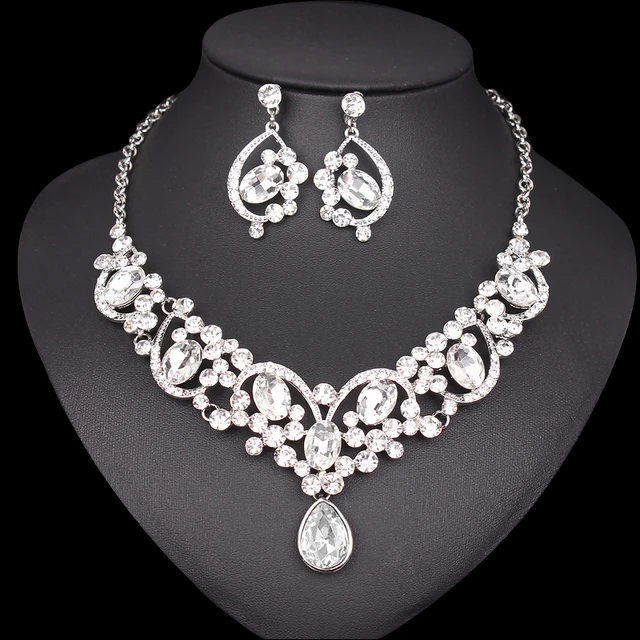 Buy New Elegant Bridal Necklace Earrings Jewelry Sets for Women Silver Color