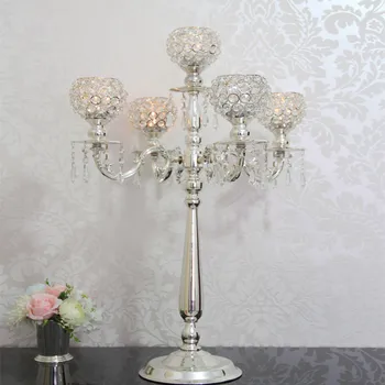 

75 cm height 5-arms metal Chrome / Gold candelabras with crystal pendants wedding candle holder Event centerpiece free shipping