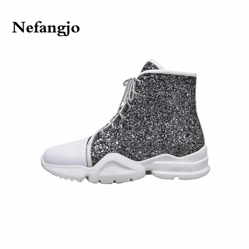 

Nefangjo 2018 New Fall Genuine Leather Sequined Cloth Wear-resisting Non-Slip Fashion Ankle Women Boots Warm Casual Women Shoes