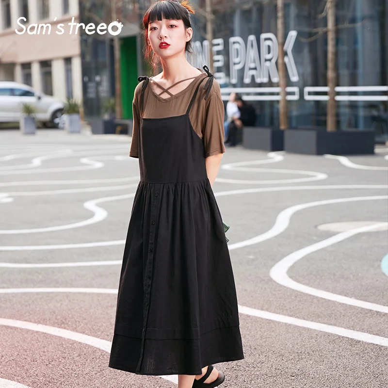 

Samstree Hot Sale Summer Women Strap Dresses Solid Color Mid-Calf Long Female Vestidos Lace up Shoulder Button Women Dresses