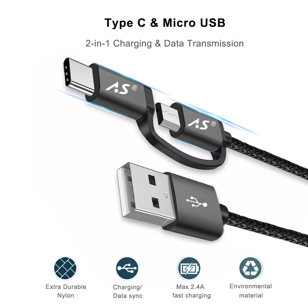 A. S 2 в 1 Micro USB кабель USB C type-C кабель для быстрой зарядки usb type C кабель для samsung Galaxy S9 S8 Note 8 Xiaomi huawei QC3.0