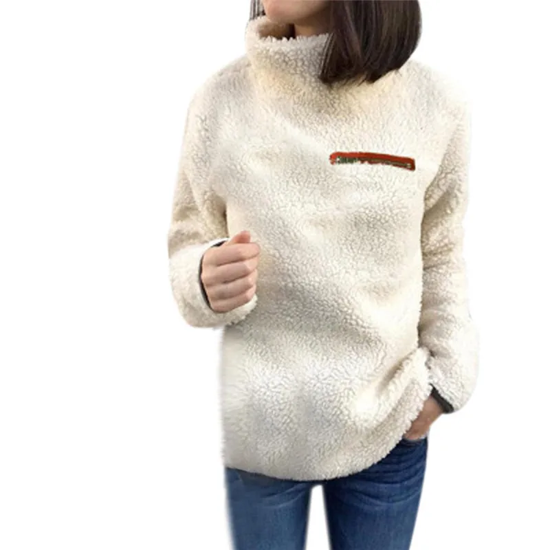

Women Solid Zippers Turtleneck Blouse Fleece Sweatshirt Pullover Tops Shirt