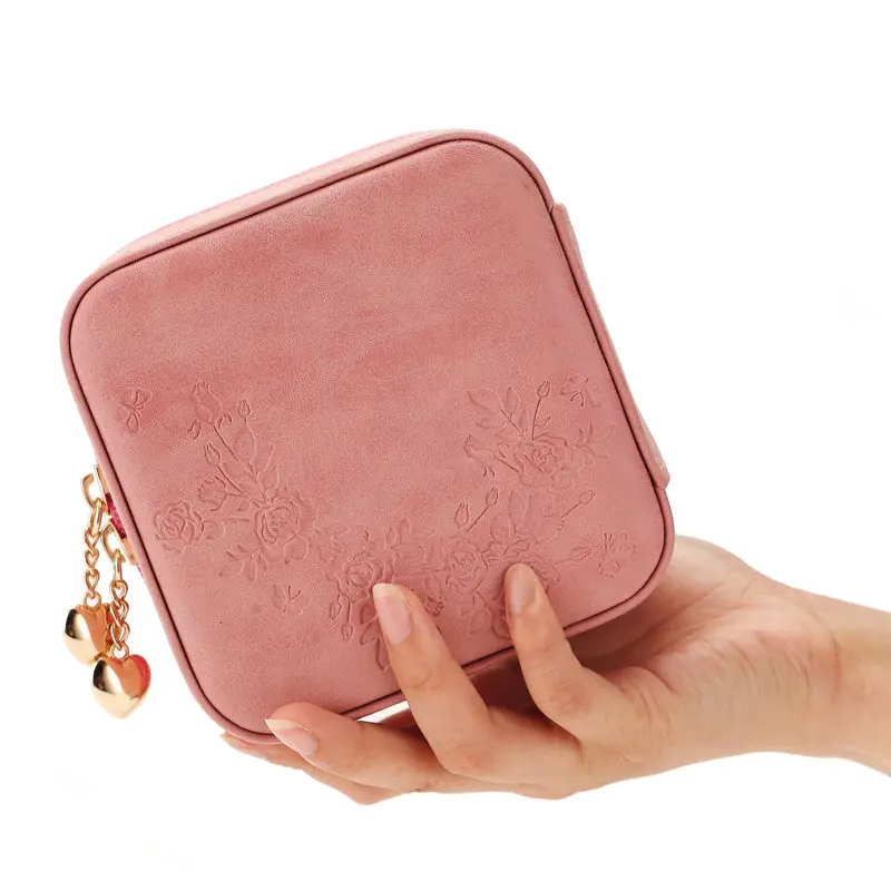 

Portable Mini Dull Polish Pu Leather Jewelry Storage Box with Zipper Compact Princess Ring Earrings Storage Box Makeup Organizer