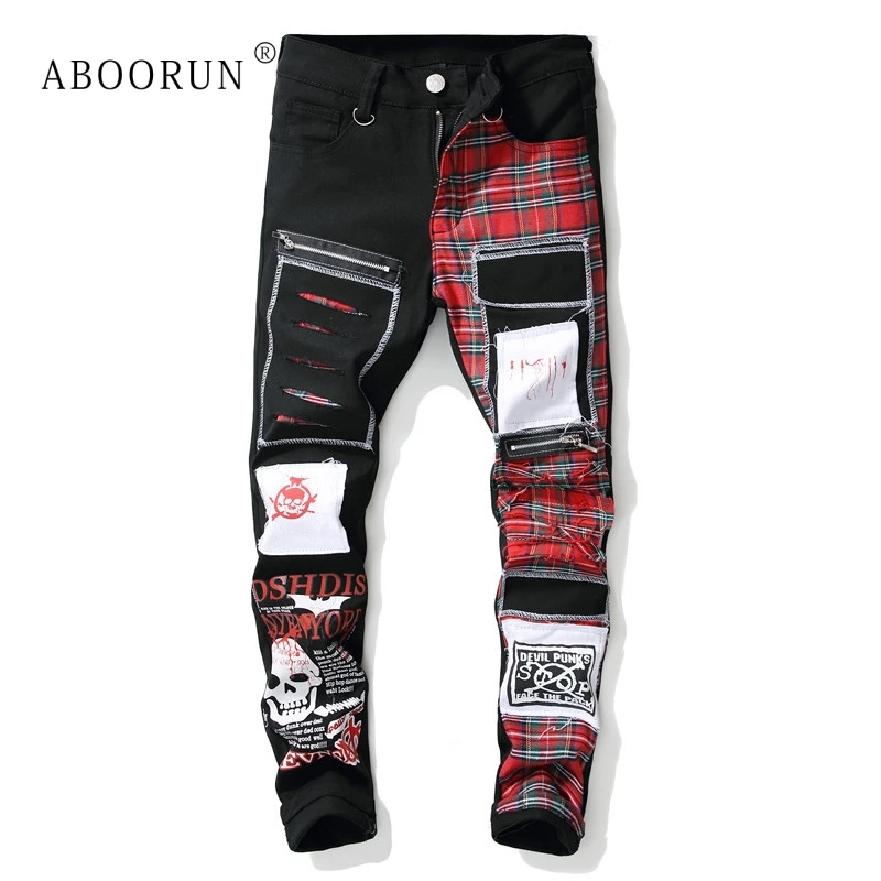 ABOORUN мужские фирменные обтягивающие джинсы, модные клетчатые нашивки с черепом, мужские джинсы в стиле хип-хоп, уличная одежда, джинсы x1614