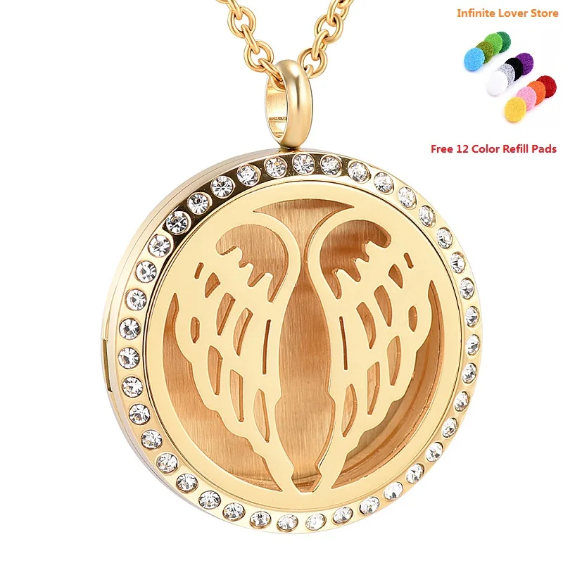KLH0369 30mm Stainless Steel Gold/Rose Gold/Black Round Angel Wings Aromatherapy Essential Oil Diffuser Locket Necklace | Украшения и