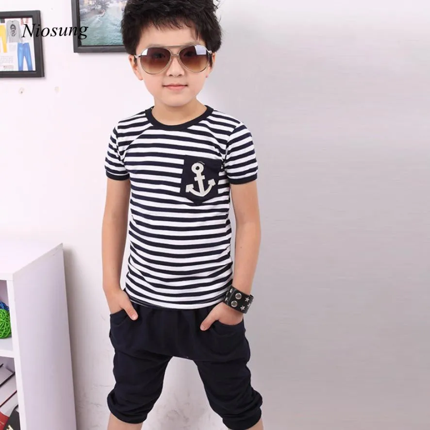 

Niosung New Summer Children Clothing Boys Navy Striped Cotton T-shirt And Pants Suits Kids Children Tracksuit v